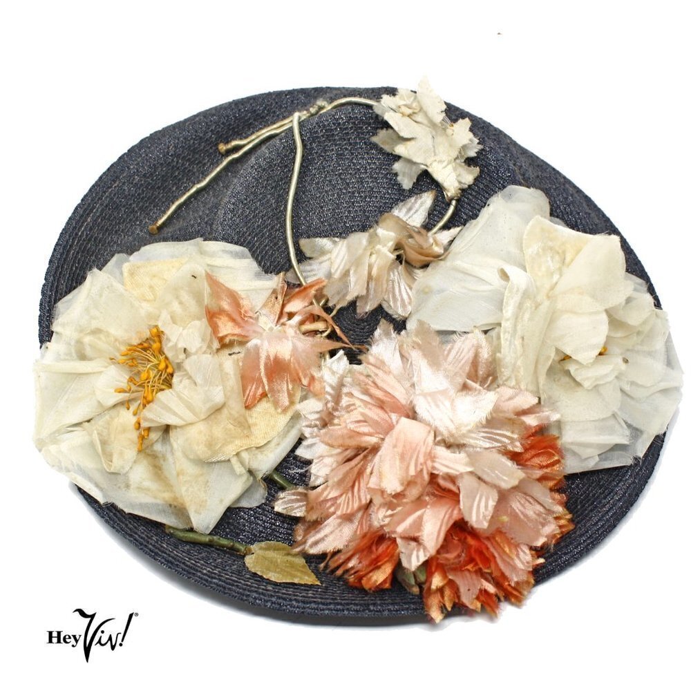 Vintage 40s 50s Navy Blue Flowered Platter Hat 12" Wide w Wired Brim - Hey Viv